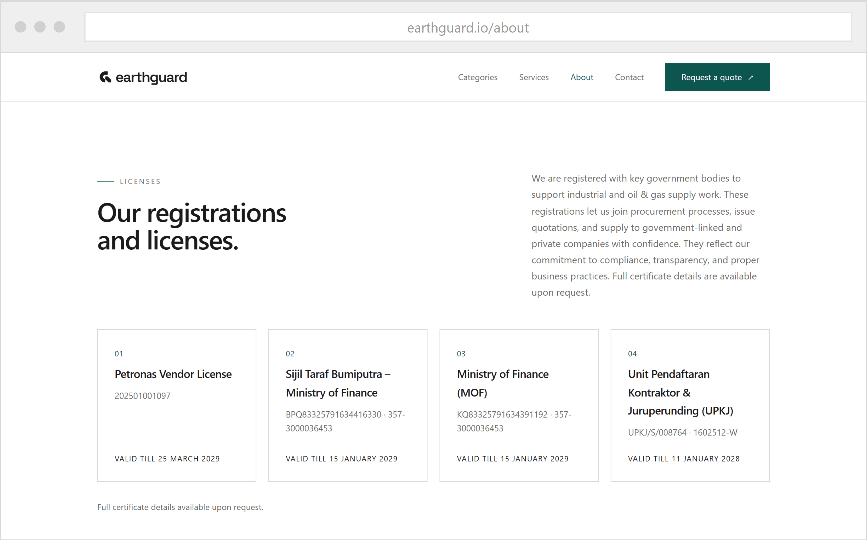 Government registrations and licenses, shown up front